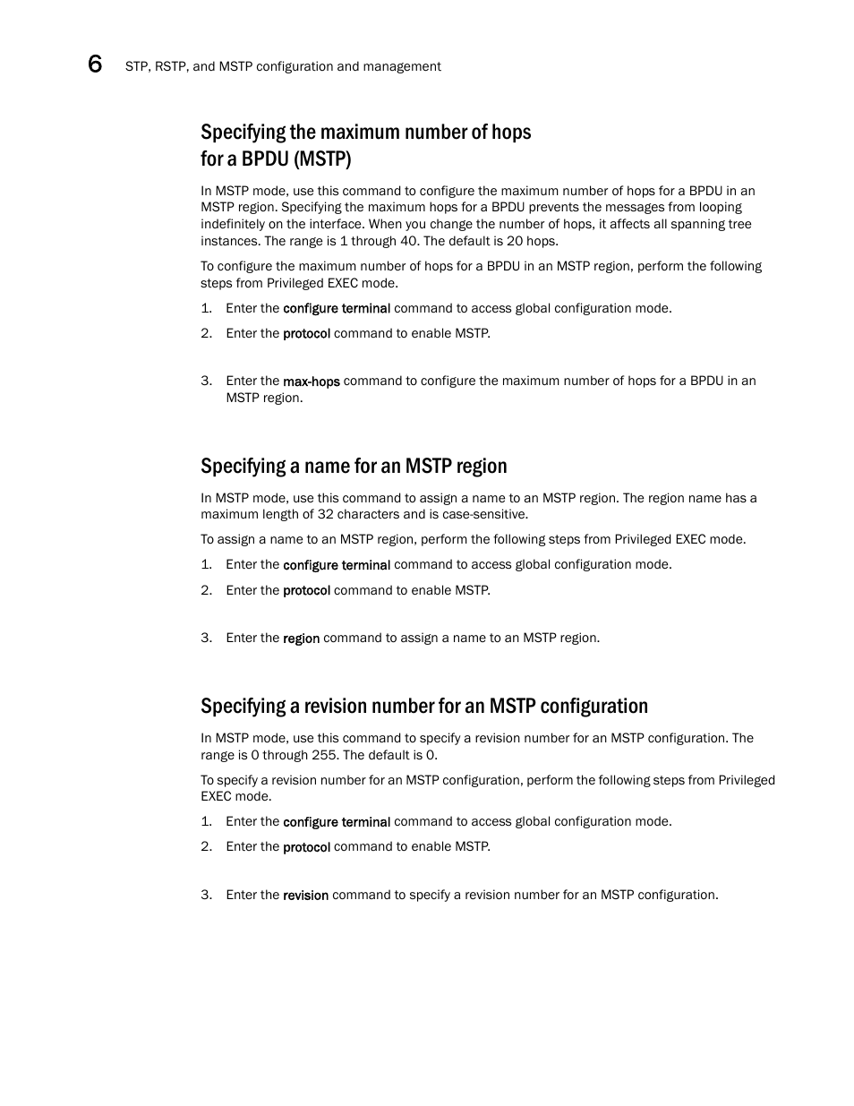 Specifying a name for an mstp region, Specifying a, Revision number for an mstp configuration | Ails see, Specifying the, Maximum number of hops for a bpdu (mstp) | Dell POWEREDGE M1000E User Manual | Page 74 / 168