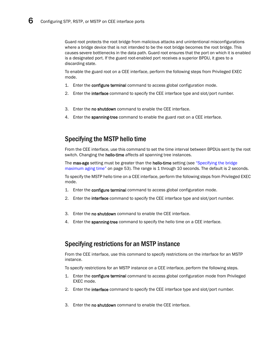 Specifying the mstp hello time, Specifying restrictions for an mstp instance | Dell POWEREDGE M1000E User Manual | Page 78 / 168