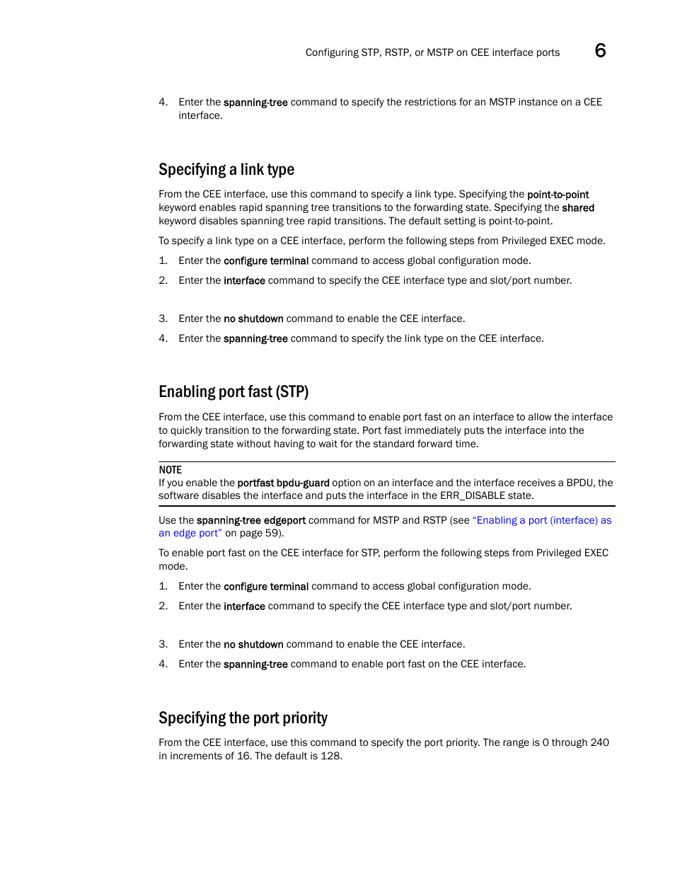 Specifying a link type, Enabling port fast (stp), Specifying the port priority | Dell POWEREDGE M1000E User Manual | Page 79 / 168