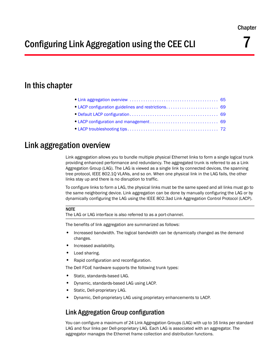 Configuring link aggregation using the cee cli, In this chapter, Link aggregation overview | Link aggregation group configuration, Chapter 7 | Dell POWEREDGE M1000E User Manual | Page 83 / 168