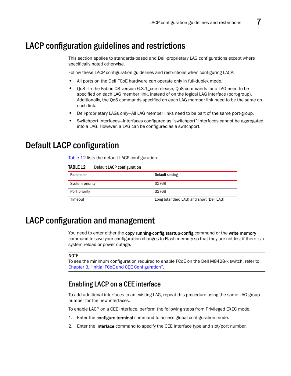 Lacp configuration guidelines and restrictions, Default lacp configuration, Lacp configuration and management | Enabling lacp on a cee interface, Table 12 | Dell POWEREDGE M1000E User Manual | Page 87 / 168