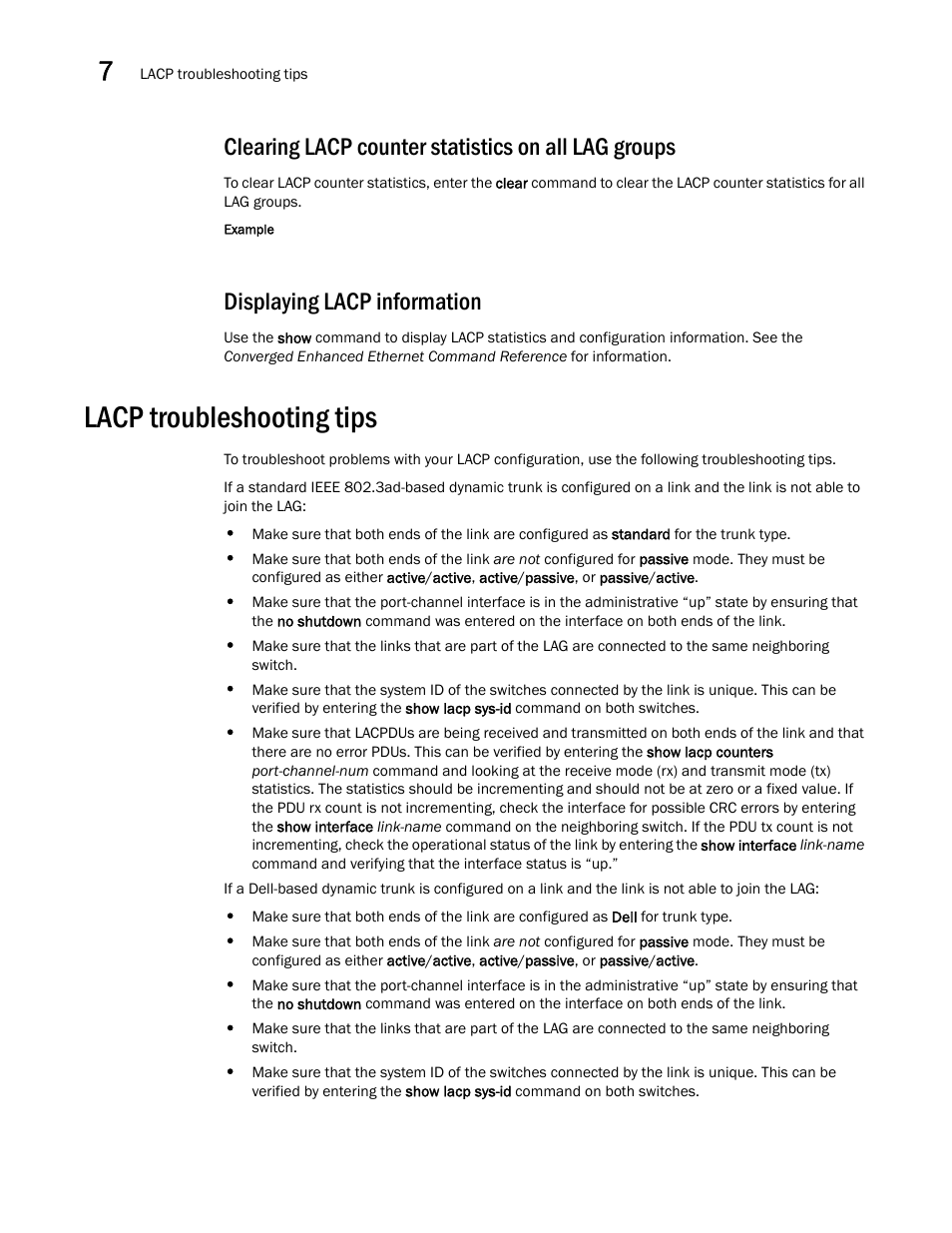 Clearing lacp counter statistics on all lag groups, Displaying lacp information, Lacp troubleshooting tips | Dell POWEREDGE M1000E User Manual | Page 90 / 168