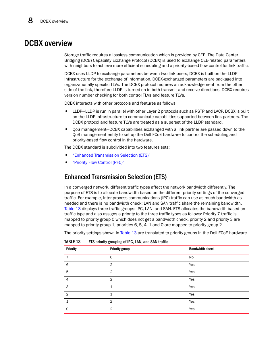 Dcbx overview, Enhanced transmission selection (ets), Table 13 | Dell POWEREDGE M1000E User Manual | Page 96 / 168