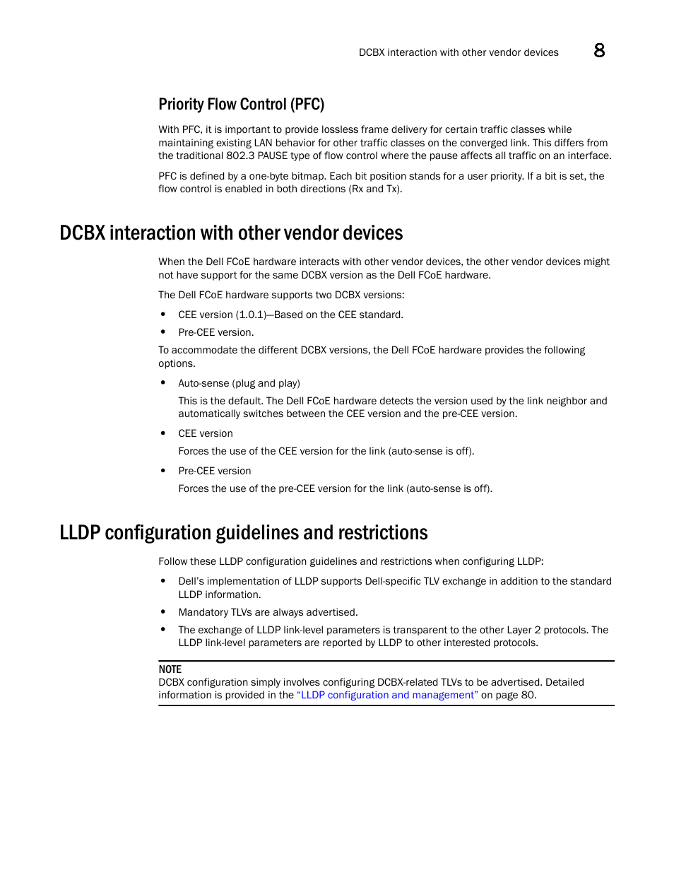 Priority flow control (pfc), Dcbx interaction with other vendor devices, Lldp configuration guidelines and restrictions | Dell POWEREDGE M1000E User Manual | Page 97 / 168