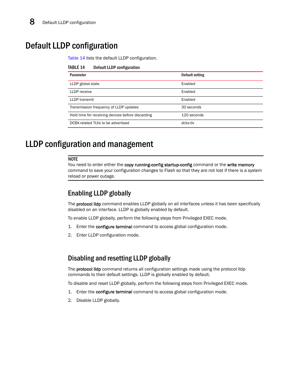 Default lldp configuration, Lldp configuration and management, Enabling lldp globally | Disabling and resetting lldp globally, Table 14 | Dell POWEREDGE M1000E User Manual | Page 98 / 168