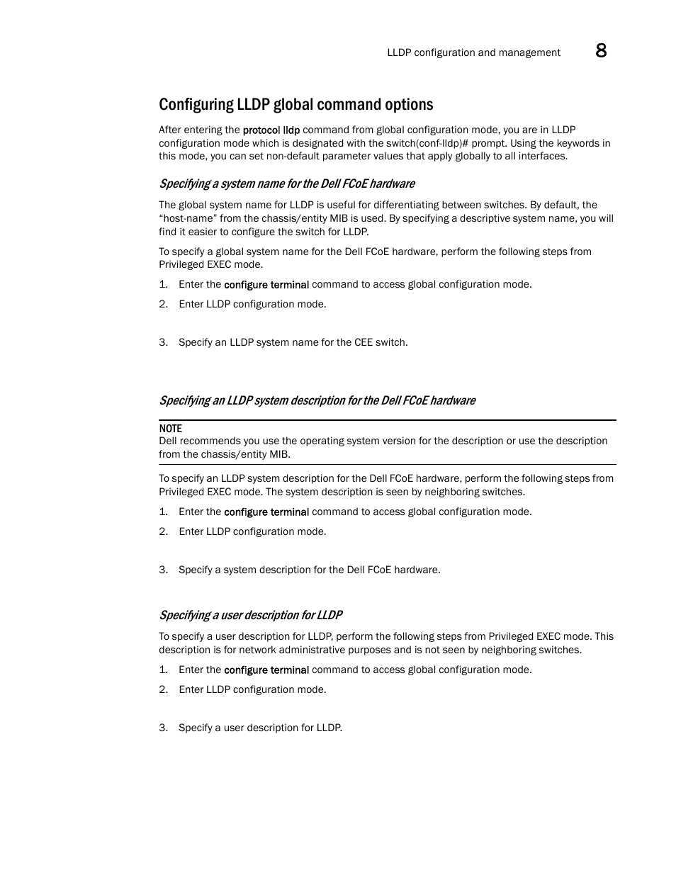 Configuring lldp global command options, Specifying a user description for lldp | Dell POWEREDGE M1000E User Manual | Page 99 / 168