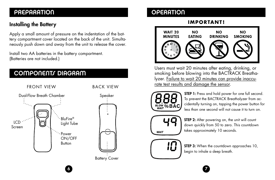 Preparation, Components diagram operation, Installing the battery | BACtrack b70 User Manual | Page 5 / 11