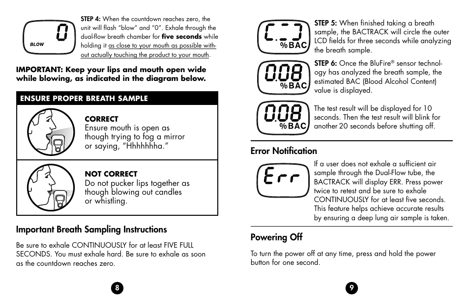 Important breath sampling instructions, Error notification, Powering off | BACtrack b70 User Manual | Page 6 / 11