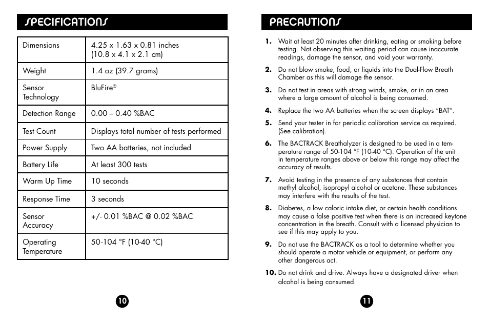 Specifications, Precautions | BACtrack b70 User Manual | Page 7 / 11