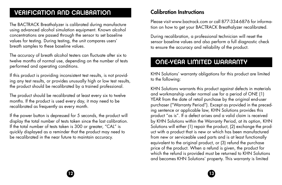 Verification and calibration, One-year limited warranty, Calibration instructions | BACtrack b70 User Manual | Page 8 / 11