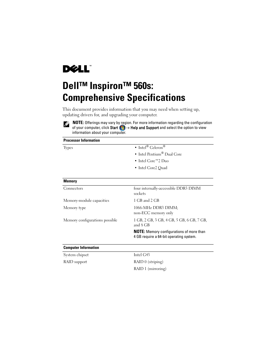Dell Inpsiron 560s (Late 2009) User Manual | 5 pages
