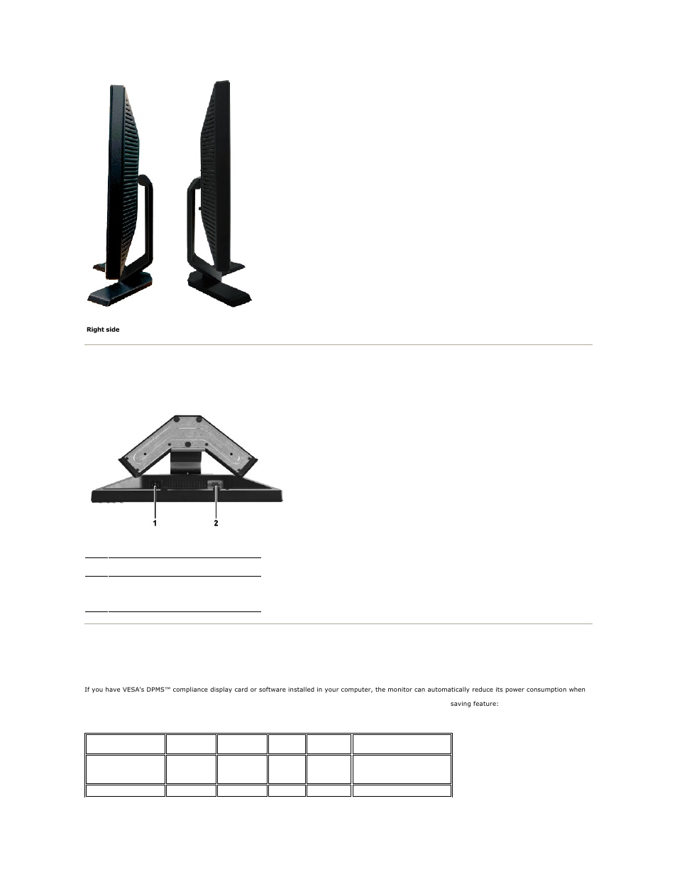 Monitor specifications, Bottom view, Power management modes | Dell E190S Monitor User Manual | Page 5 / 29