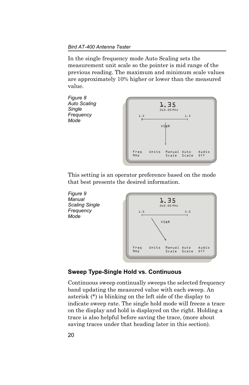 Figure 8 auto scaling single frequency mode, Figure 9 manual scaling single frequency mode, Sweep type-single hold vs. continuous | Bird Technologies AT-400 User Manual | Page 32 / 57