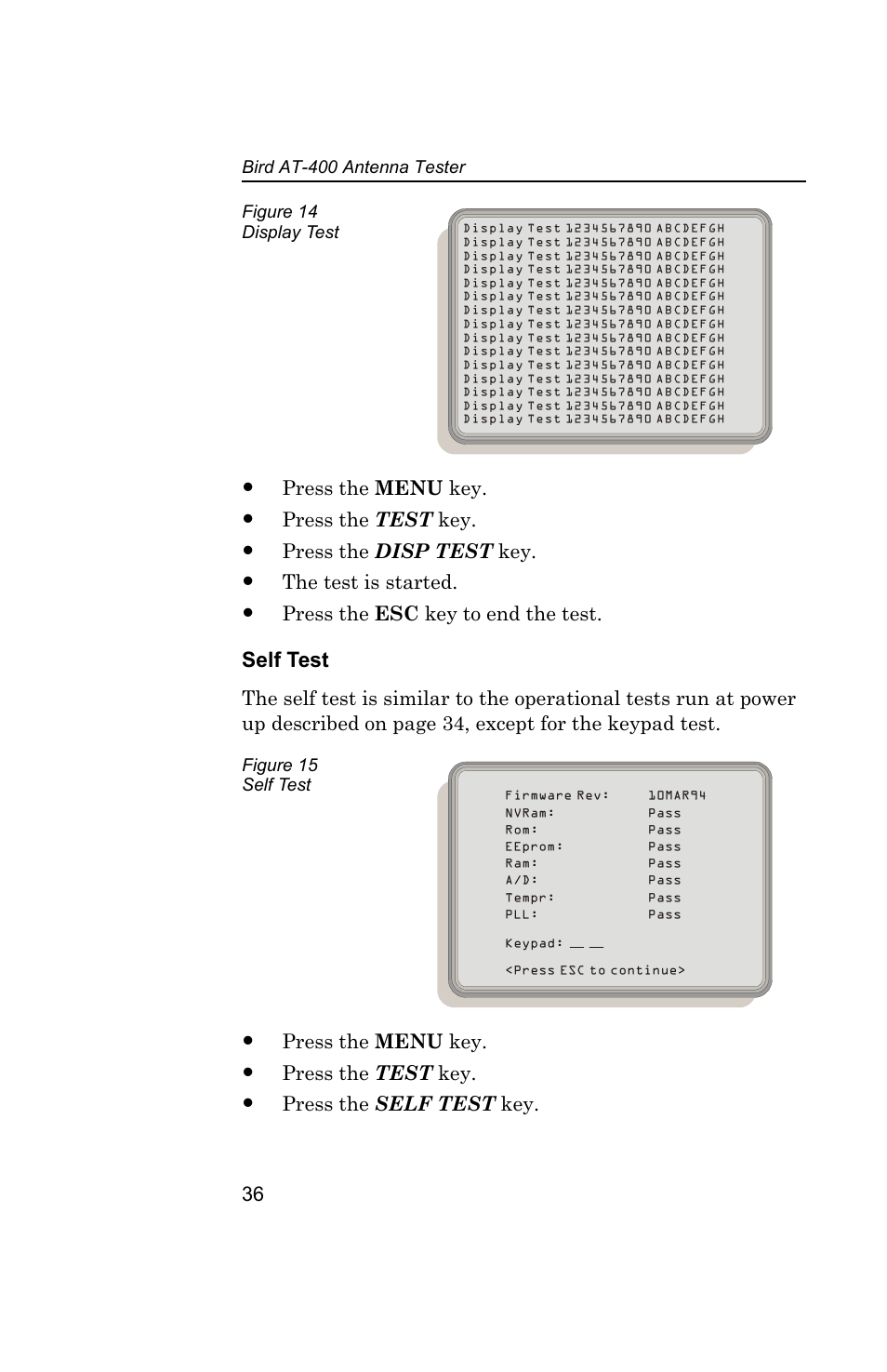 Figure 14 display test, Figure 15 self test, Self test | Bird Technologies AT-400 User Manual | Page 48 / 57