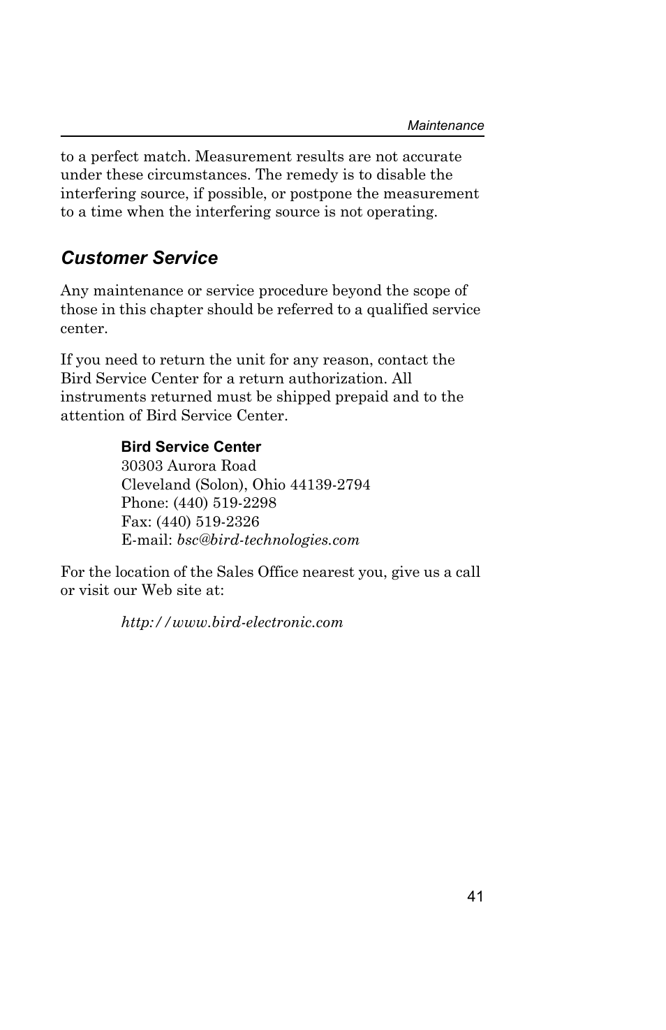 Customer service | Bird Technologies AT-400 User Manual | Page 53 / 57