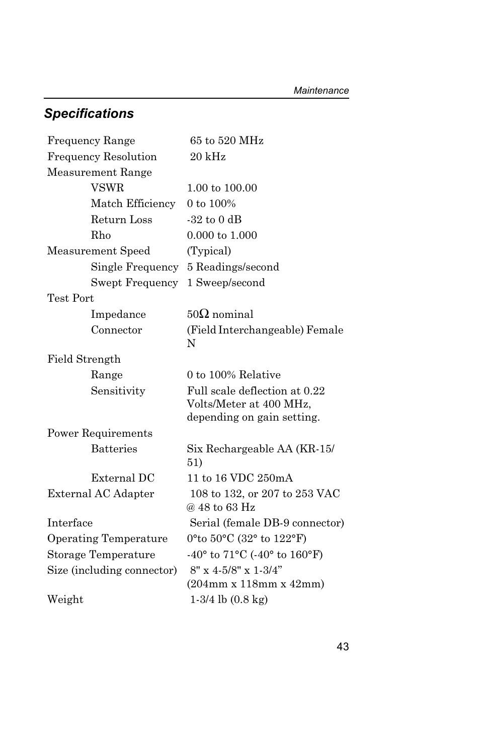 Specifications | Bird Technologies AT-400 User Manual | Page 55 / 57