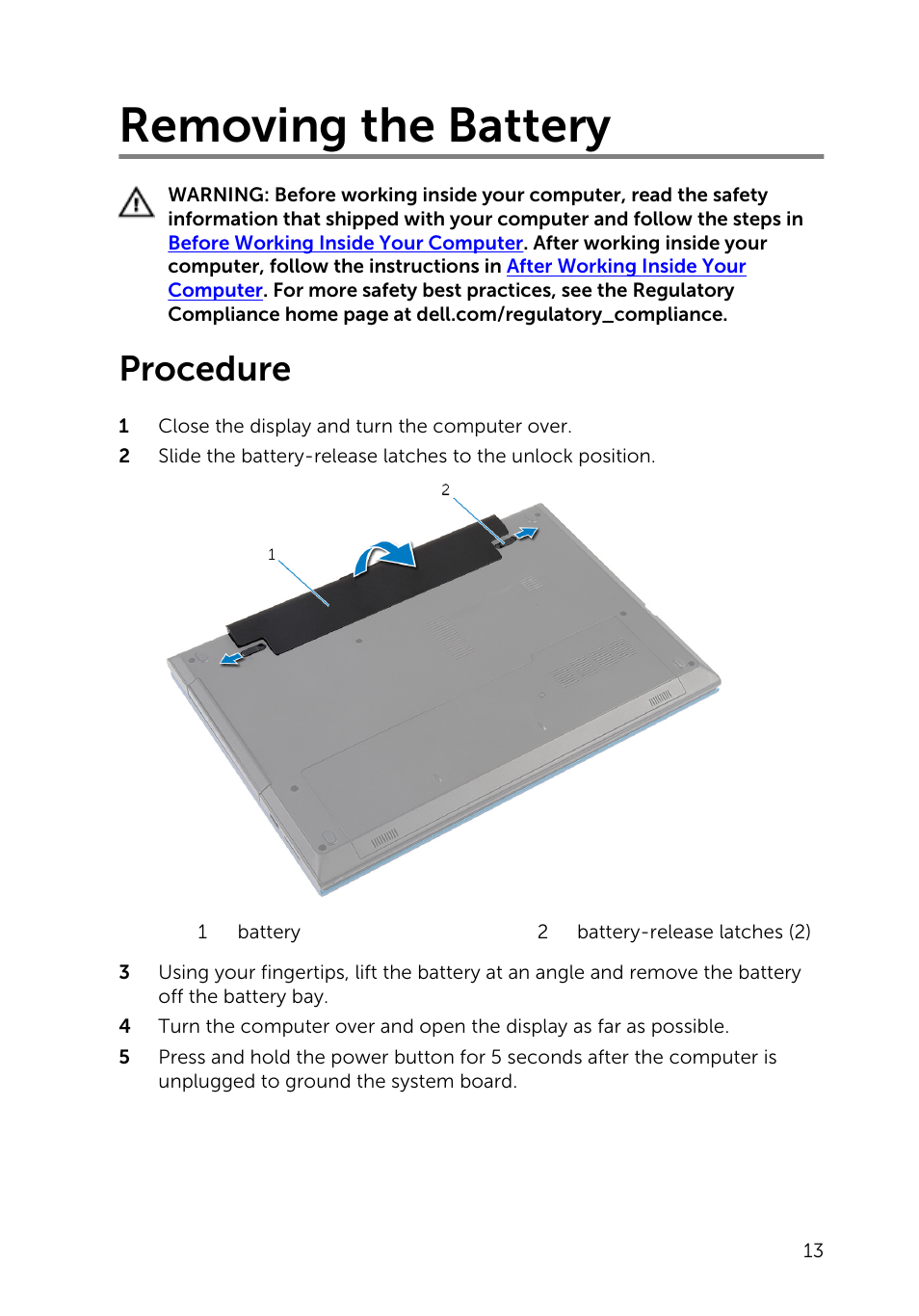Removing the battery, Procedure | Dell Inspiron 15 (3542, Early 2014) User Manual | Page 13 / 97