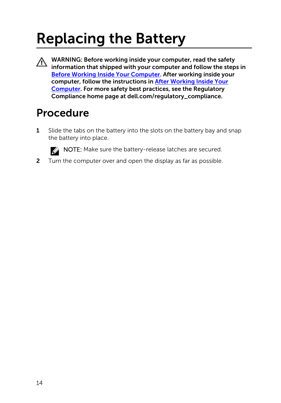 Replacing the battery, Procedure | Dell Inspiron 15 (3542, Early 2014) User Manual | Page 14 / 97