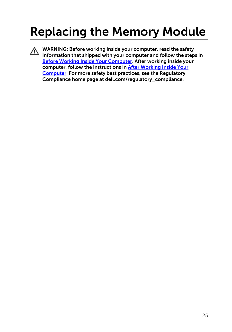 Replacing the memory module | Dell Inspiron 15 (3542, Early 2014) User Manual | Page 25 / 97
