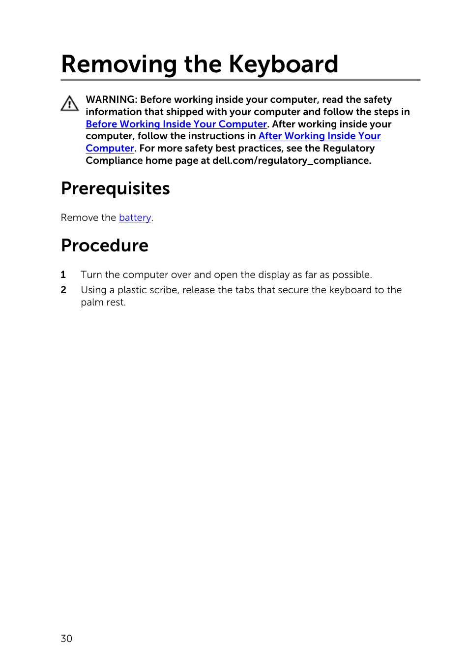 Removing the keyboard, Prerequisites, Procedure | Dell Inspiron 15 (3542, Early 2014) User Manual | Page 30 / 97