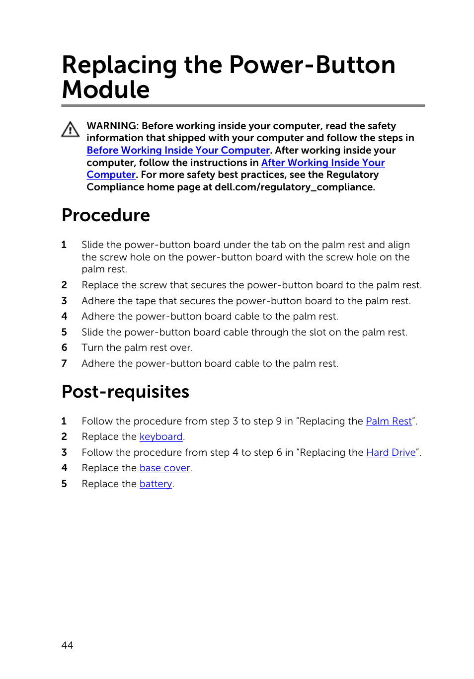 Replacing the power-button module, Procedure, Post-requisites | Power, Button module | Dell Inspiron 15 (3542, Early 2014) User Manual | Page 44 / 97