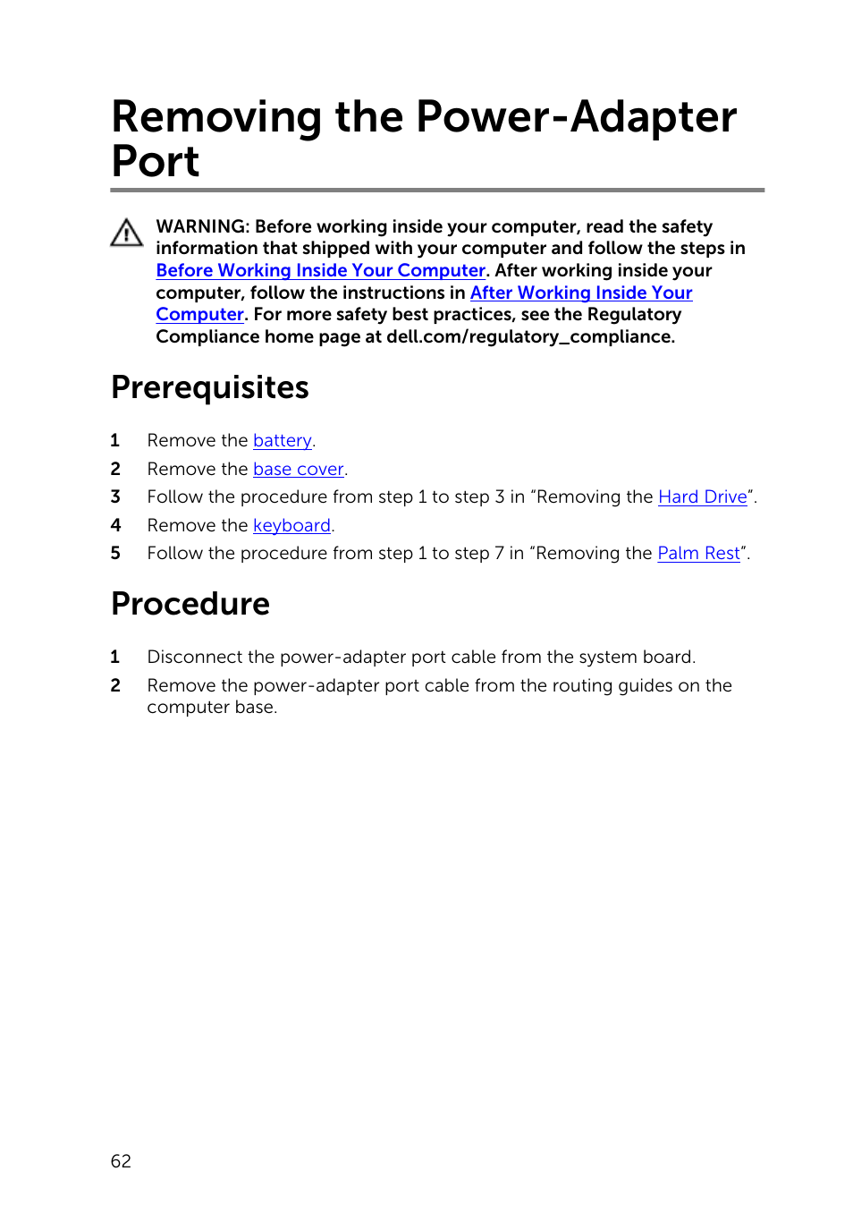 Removing the power-adapter port, Prerequisites, Procedure | Dell Inspiron 15 (3542, Early 2014) User Manual | Page 62 / 97