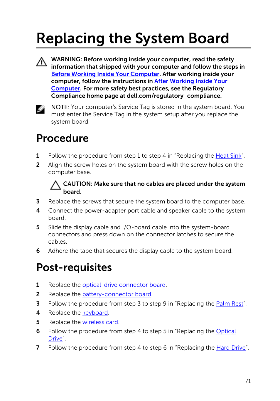 Replacing the system board, Procedure, Post-requisites | Dell Inspiron 15 (3542, Early 2014) User Manual | Page 71 / 97