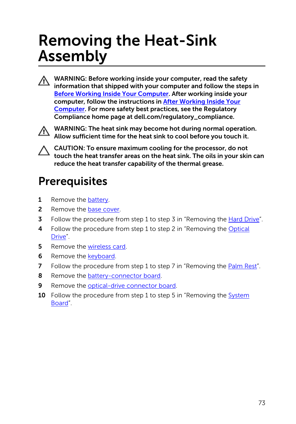 Removing the heat-sink assembly, Prerequisites | Dell Inspiron 15 (3542, Early 2014) User Manual | Page 73 / 97