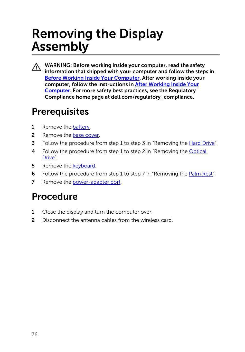 Removing the display assembly, Prerequisites, Procedure | Dell Inspiron 15 (3542, Early 2014) User Manual | Page 76 / 97