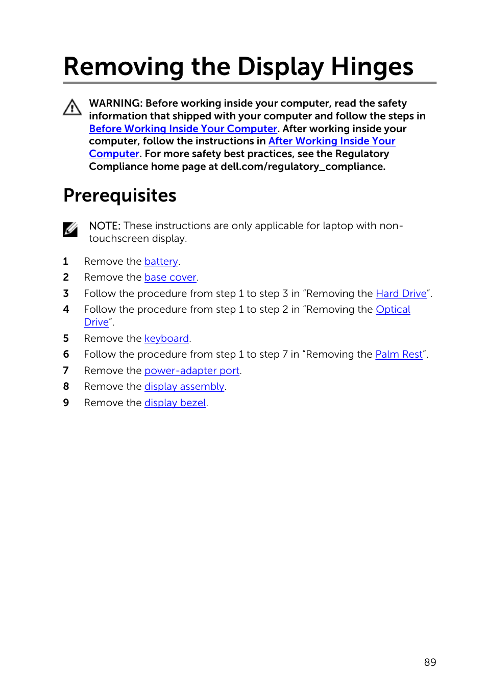 Removing the display hinges, Prerequisites | Dell Inspiron 15 (3542, Early 2014) User Manual | Page 89 / 97