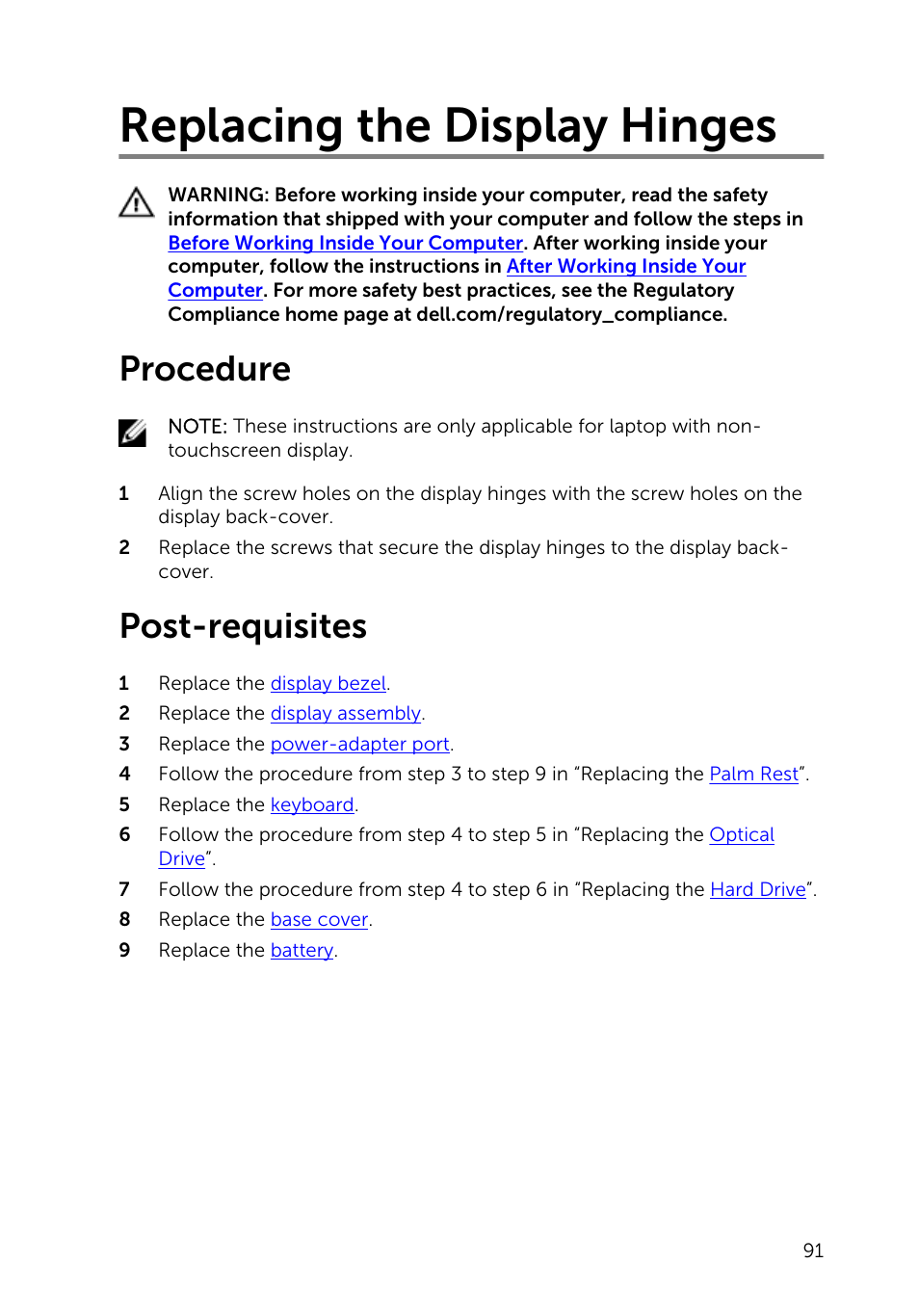 Replacing the display hinges, Procedure, Post-requisites | Dell Inspiron 15 (3542, Early 2014) User Manual | Page 91 / 97