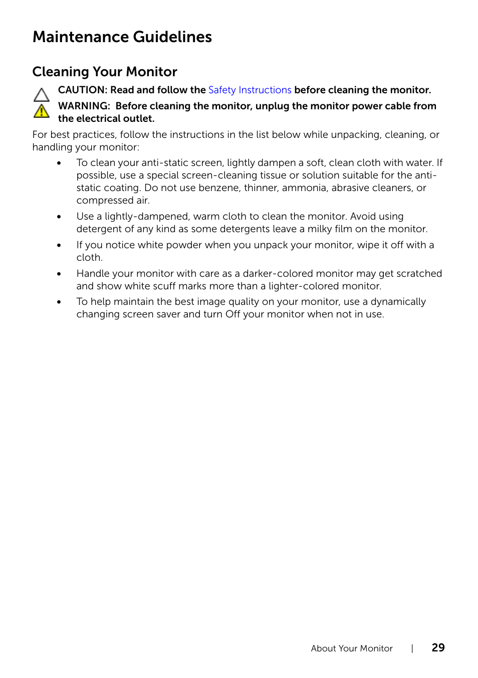 Maintenance guidelines, Cleaning your monitor | Dell UZ2215H Monitor User Manual | Page 29 / 69