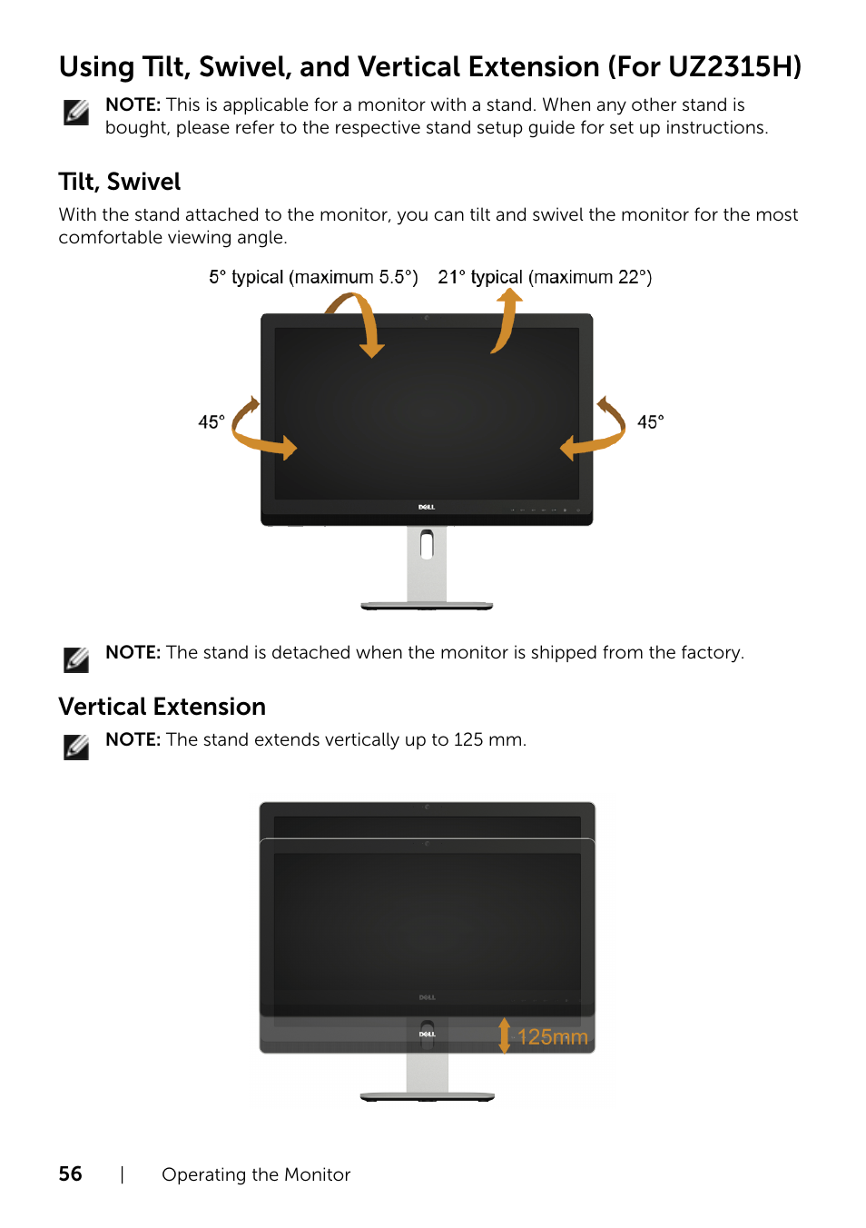 Using tilt, swivel, and vertical extension (for, Uz2315h), Tilt, swivel | Vertical extension | Dell UZ2215H Monitor User Manual | Page 56 / 69