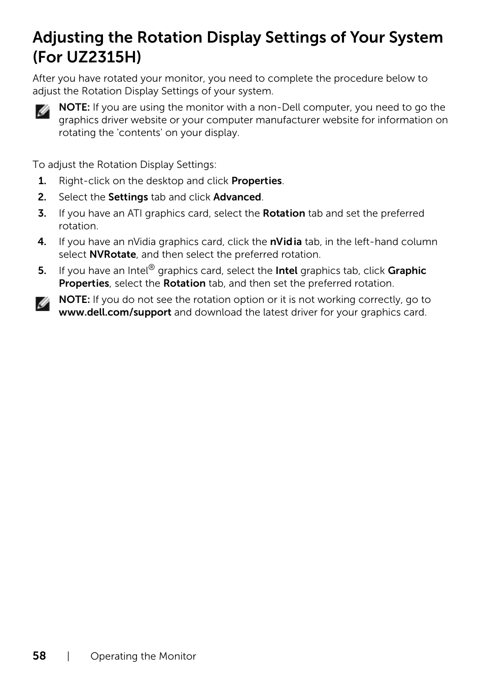 Adjusting the rotation display settings of your, System (for uz2315h) | Dell UZ2215H Monitor User Manual | Page 58 / 69