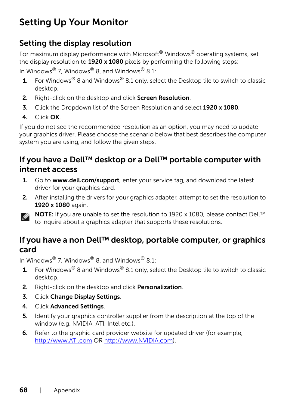 Setting up your monitor, Setting the display resolution | Dell UZ2215H Monitor User Manual | Page 68 / 69