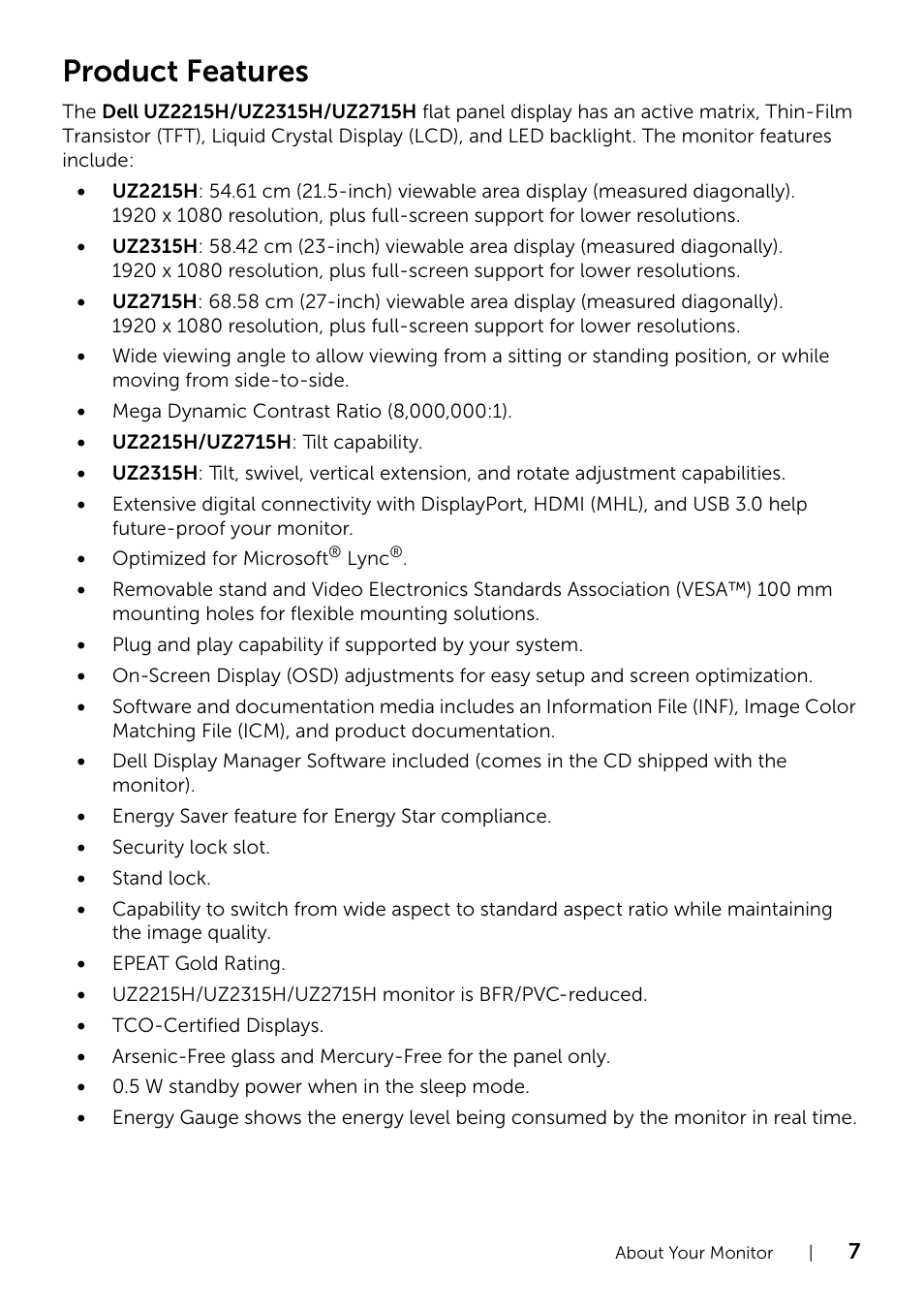 Product features | Dell UZ2215H Monitor User Manual | Page 7 / 69