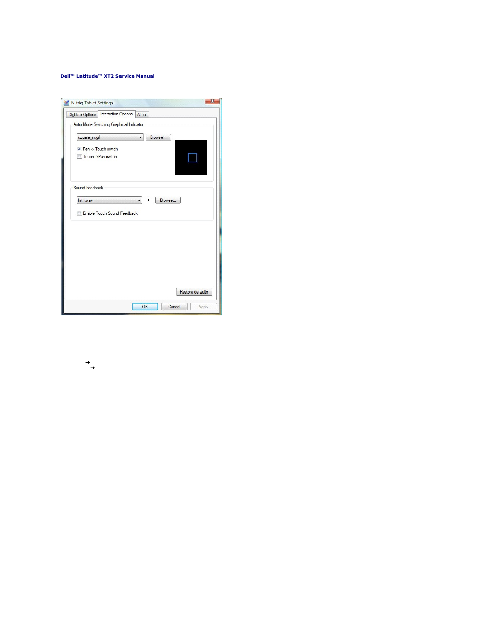 Interaction options tab, Auto mode switching graphical indicator, Sound feedback | Dell Latitude XT2 (Early 2009) User Manual | Page 8 / 85
