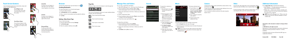 Additional information, Video, Camera | Music, Search, Manage files and folders, Browser, Touch screen gestures, Creating bookmarks, Setting a new home page | Dell MINI 3IX User Manual | Page 2 / 2