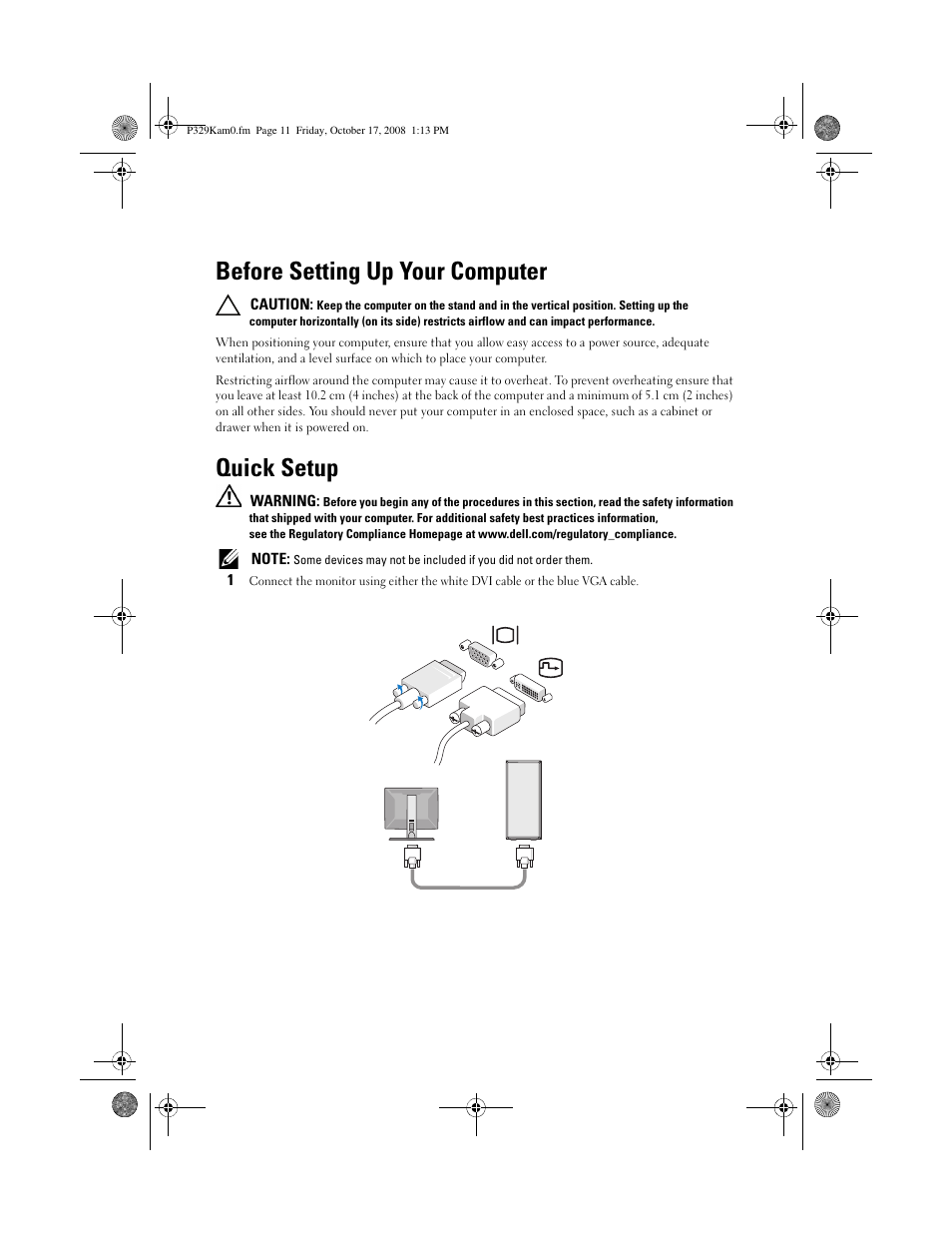 Before setting up your computer, Quick setup | Dell OptiPlex 160 (Late 2008) User Manual | Page 3 / 8