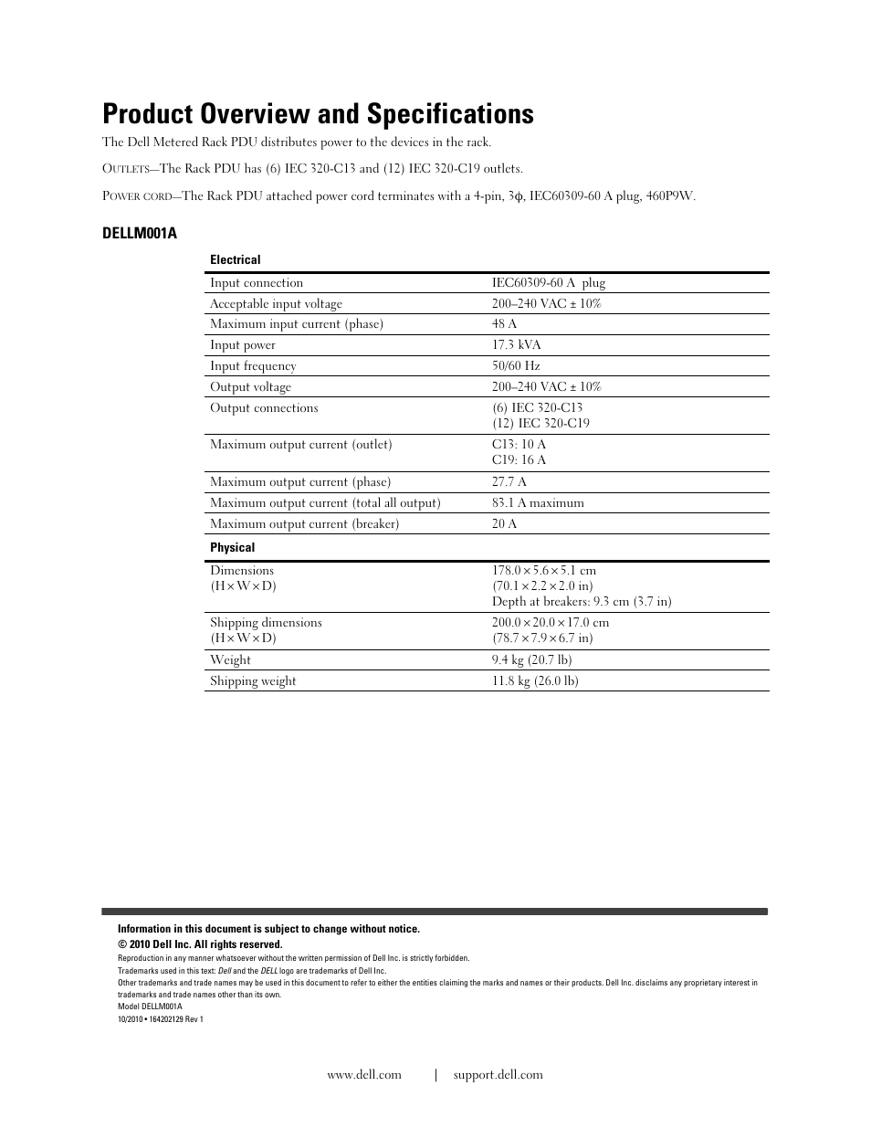 Product overview and specifications, Dellm001a | Dell Metered PDU LCD User Manual | Page 3 / 13