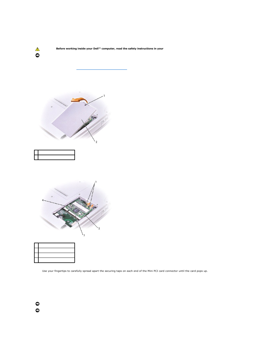 Removing the mini pci card, Installing the mini pci card | Dell Inspiron 5160 User Manual | Page 41 / 42