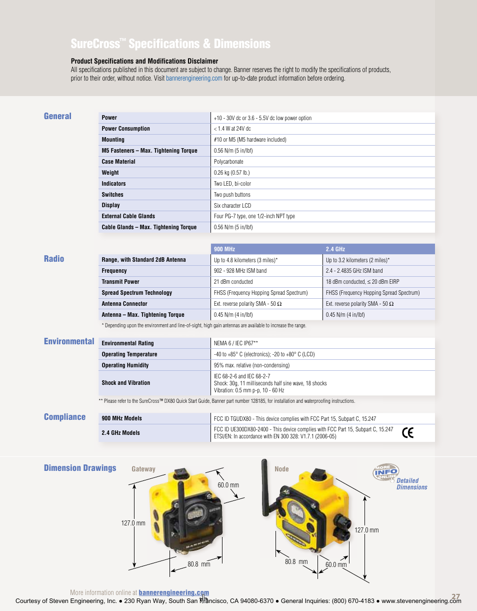 Surecross, Specifications & dimensions, General | Radio environmental compliance, Dimension drawings | Banner American Products Wireless Network User Manual | Page 27 / 32