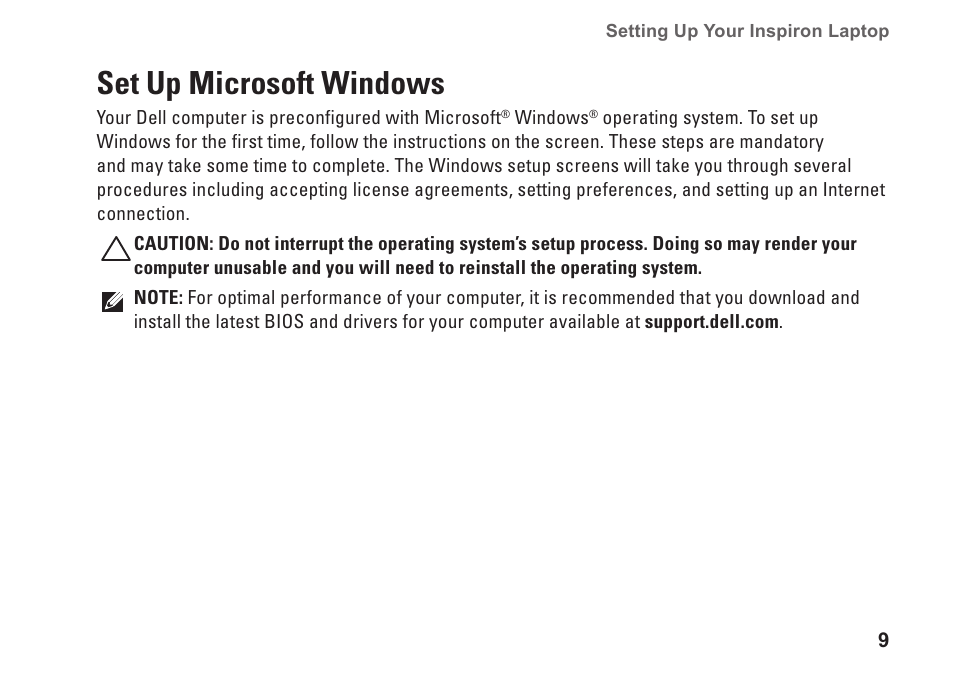 Set up microsoft windows | Dell Inspiron 13 (1370, Late 2009) User Manual | Page 11 / 78