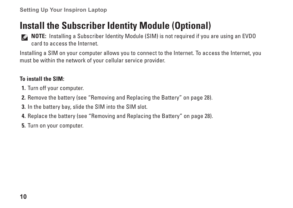Install the subscriber identity module (optional), Install the subscriber identity module, Optional) | Dell Inspiron 13 (1370, Late 2009) User Manual | Page 12 / 78
