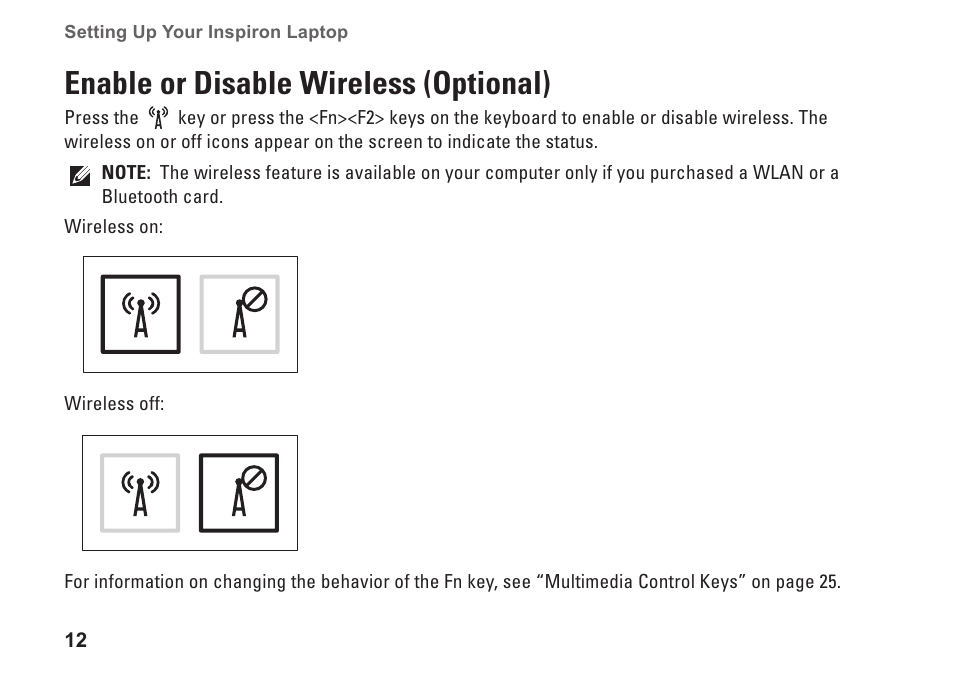 Enable or disable wireless (optional) | Dell Inspiron 13 (1370, Late 2009) User Manual | Page 14 / 78
