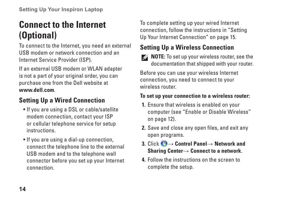 Connect to the internet (optional) | Dell Inspiron 13 (1370, Late 2009) User Manual | Page 16 / 78