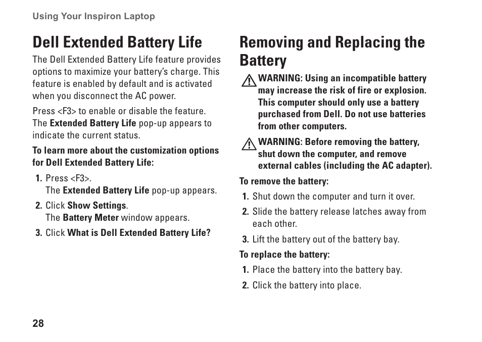 Dell extended battery life, Removing and replacing the battery | Dell Inspiron 13 (1370, Late 2009) User Manual | Page 30 / 78