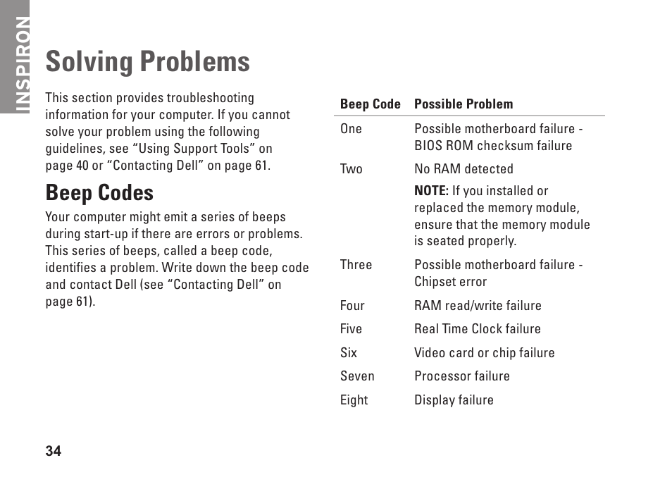Solving problems, Beep codes, Inspiron | Dell Inspiron 13 (1370, Late 2009) User Manual | Page 36 / 78