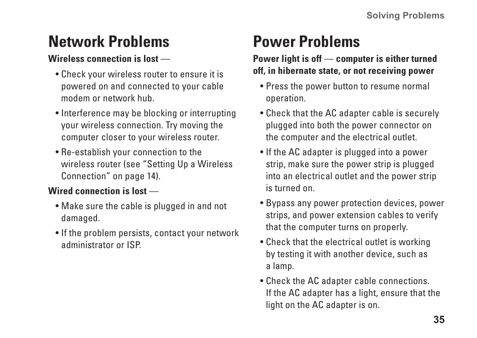 Network problems, Power problems, Network problems power problems | Dell Inspiron 13 (1370, Late 2009) User Manual | Page 37 / 78