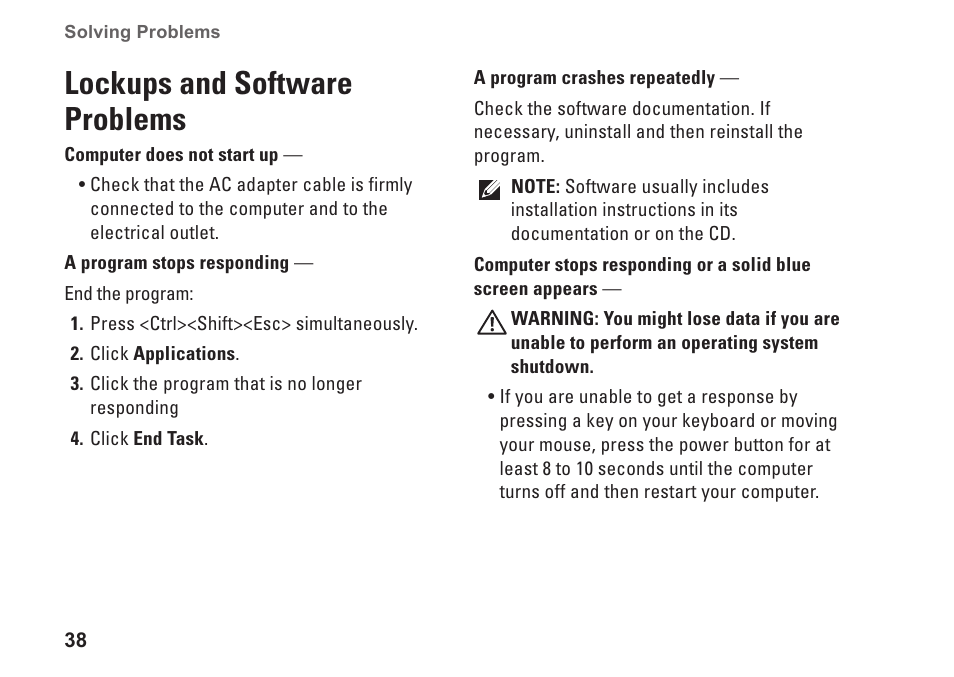 Lockups and software problems | Dell Inspiron 13 (1370, Late 2009) User Manual | Page 40 / 78